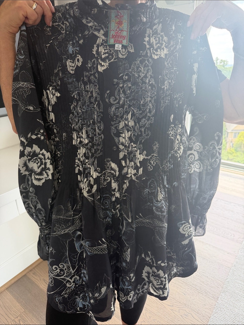 Johnny Was Black and White Floral Button-Front Tunic